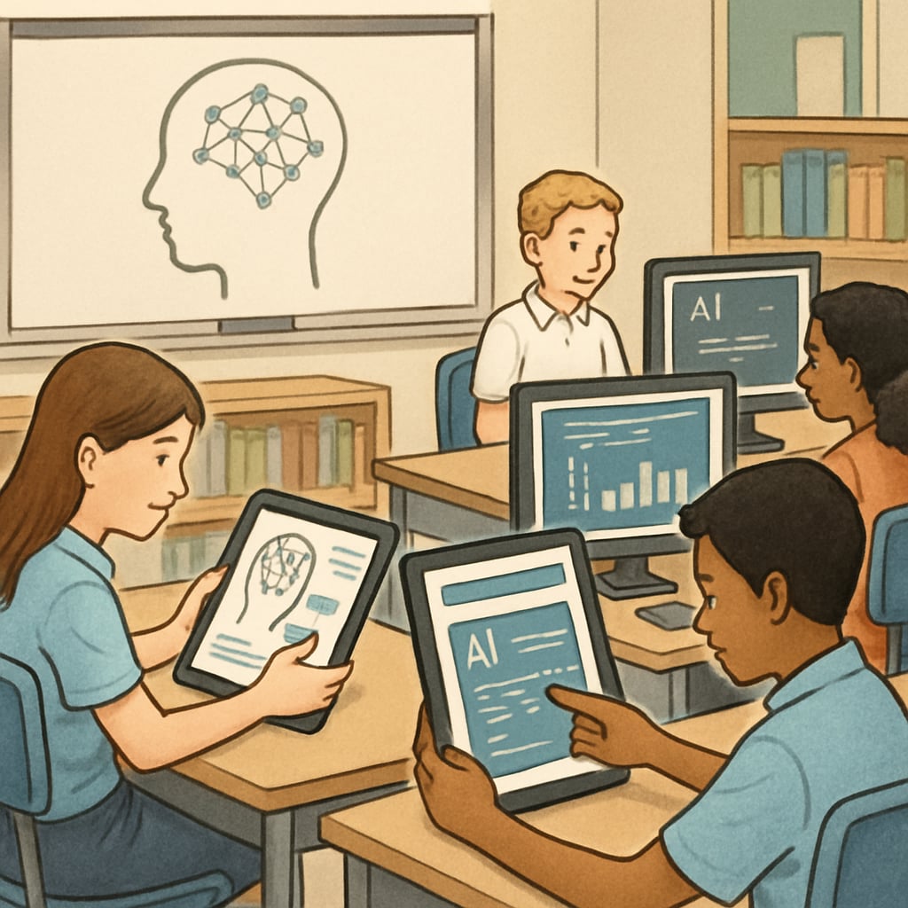 A classroom where students are using tablets and computers to work on AI-related projects. Students working on AI projects in a tech-enabled classroom setting.