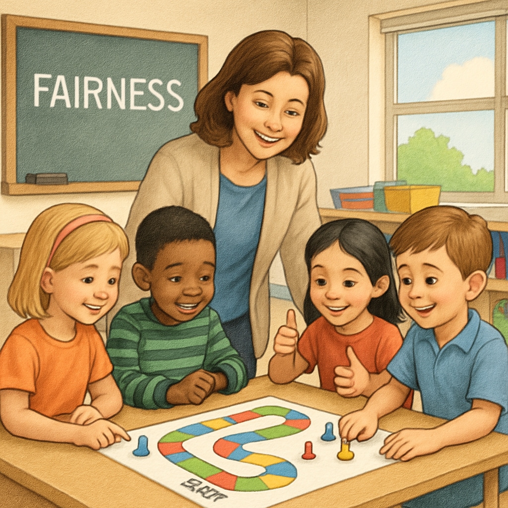 A group of first-grade students participating in an interactive game that teaches fairness and teamwork. First-grade students playing a collaborative game about fairness and teamwork.