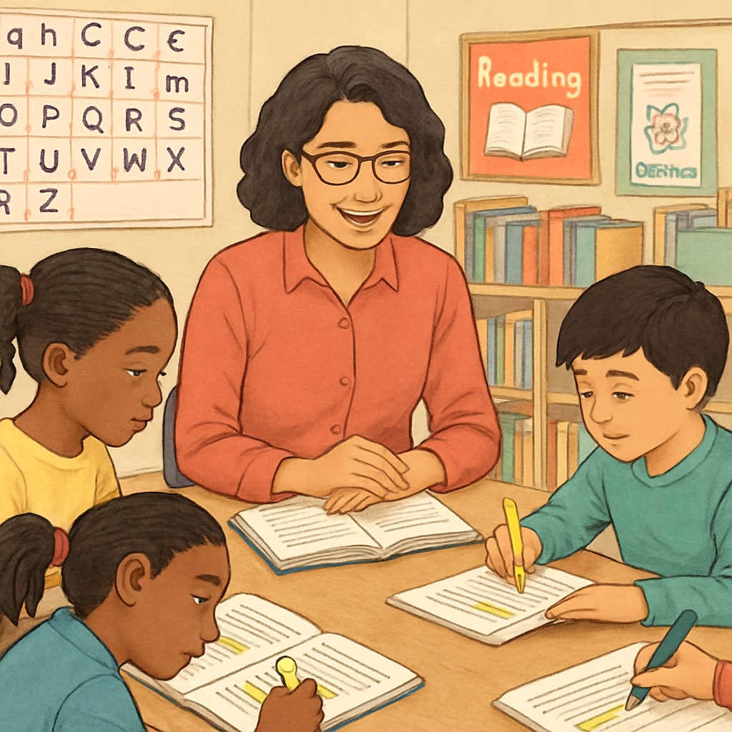 A teacher conducting a small group guided reading session, with students using highlighters to annotate key information. Teacher guiding a small group of fifth graders in a focused reading activity.