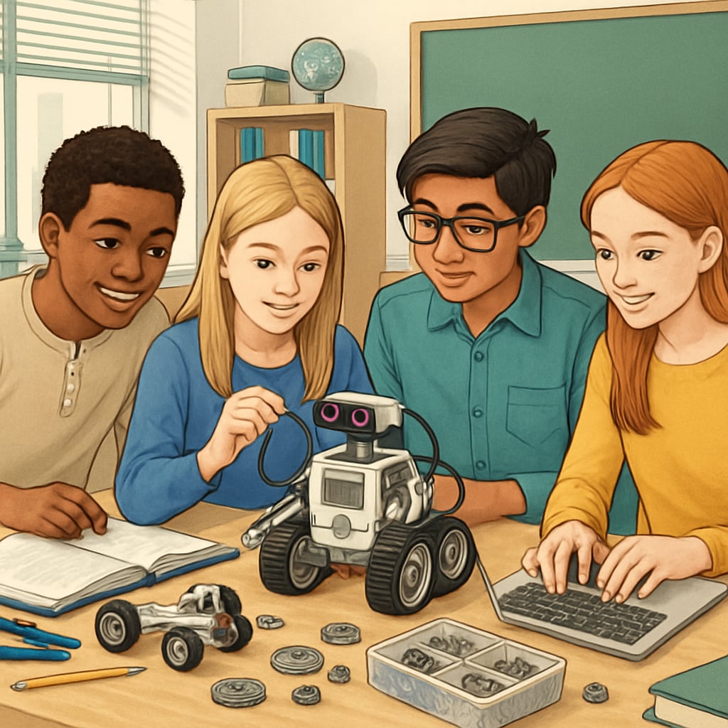 A group of students collaborating on a robotics project in a modern classroom setting. Students building robots and learning teamwork in a high-tech educational environment.