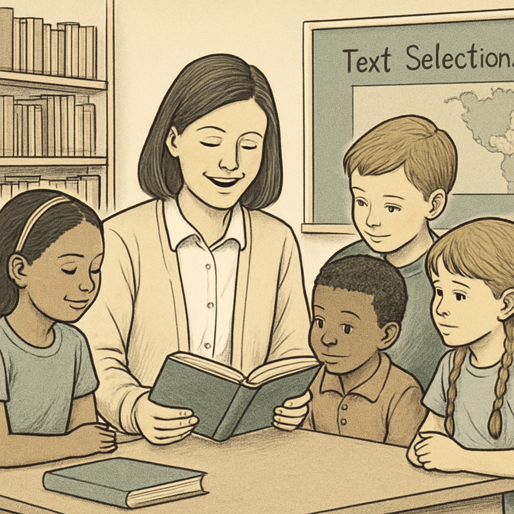An elementary school teacher reading with students, demonstrating the importance of text selection. Elementary school teacher reading with students to highlight effective text selection.
