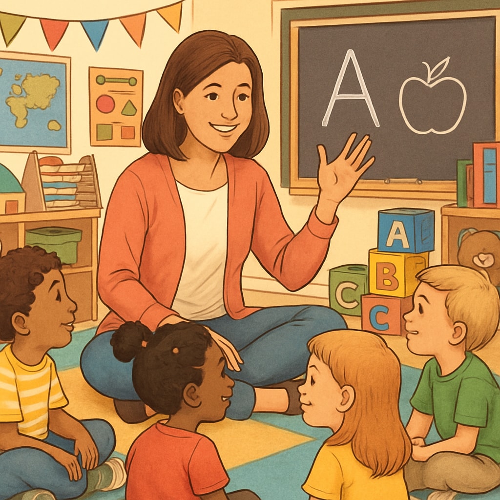 A smiling teacher interacting with children in a colorful classroom setting, symbolizing early childhood education. Ms Rachel engaging with children in an inclusive educational environment.