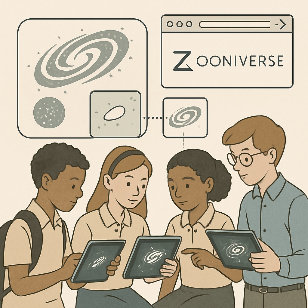 A group of K12 students engaging with Zooniverse on tablets, analyzing images of galaxies. Students analyzing images of galaxies on Zooniverse platform.