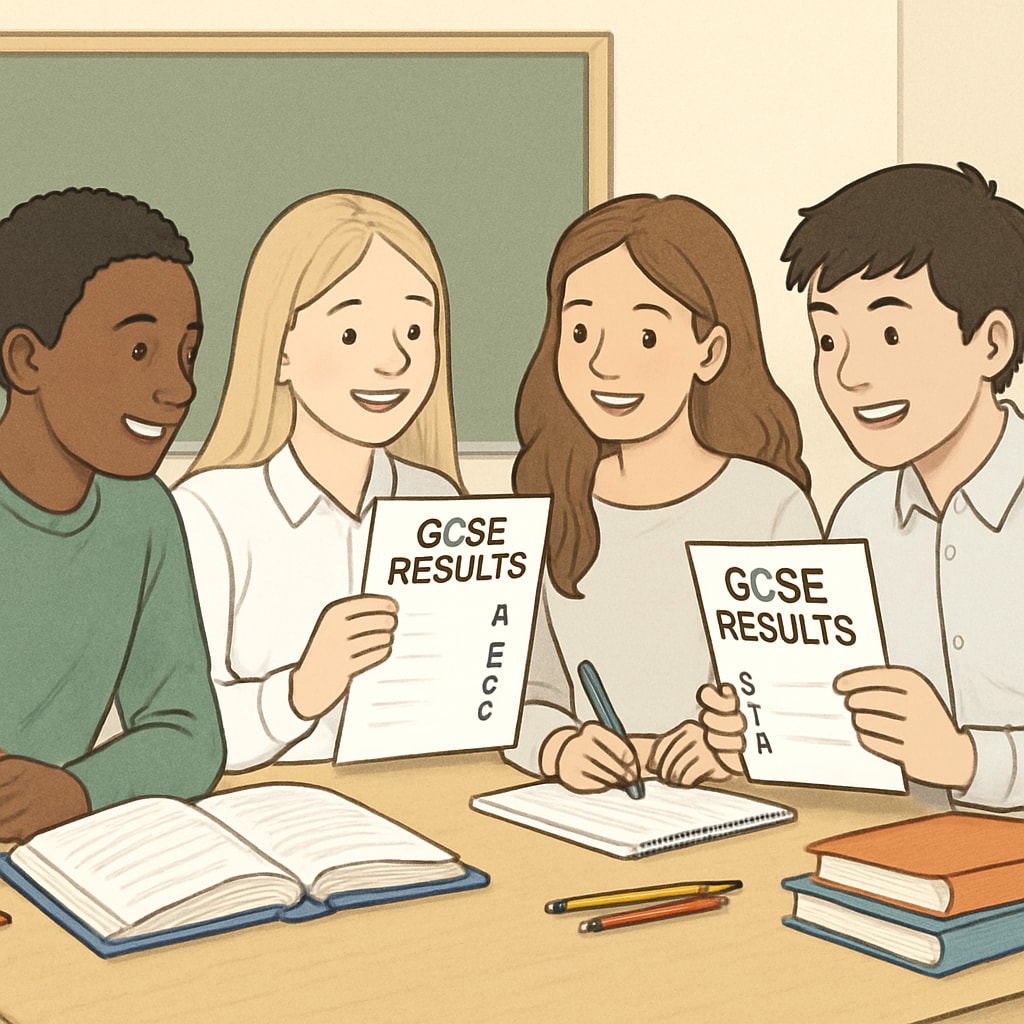 Students reviewing GCSE results and supporting each other through academic anxiety and future planning.