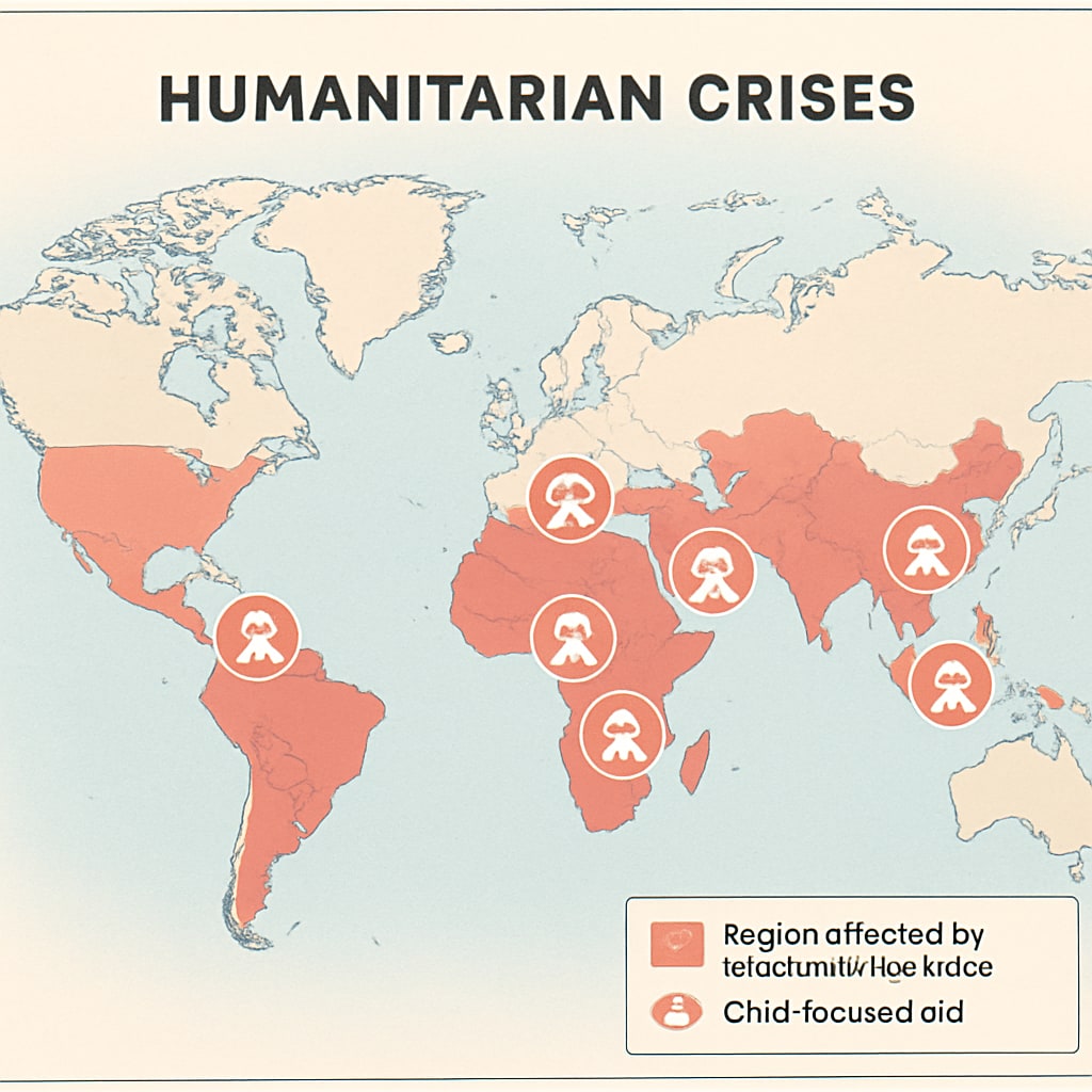 A map highlighting regions affected by humanitarian crises, with focus areas marked for children’s welfare. A map showing global regions impacted by child-centered humanitarian efforts.