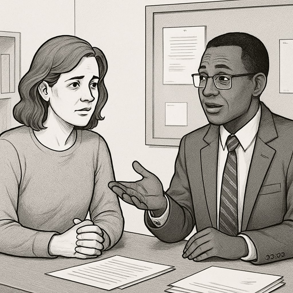 A concerned parent speaking to a school administrator about attendance policies, representing parental concerns. A parent discussing attendance policies with a school administrator.