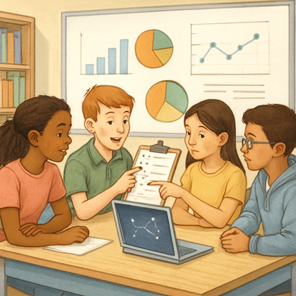 K12 students discussing Zooniverse project findings in a collaborative classroom setting. Classroom discussion about Zooniverse project results.