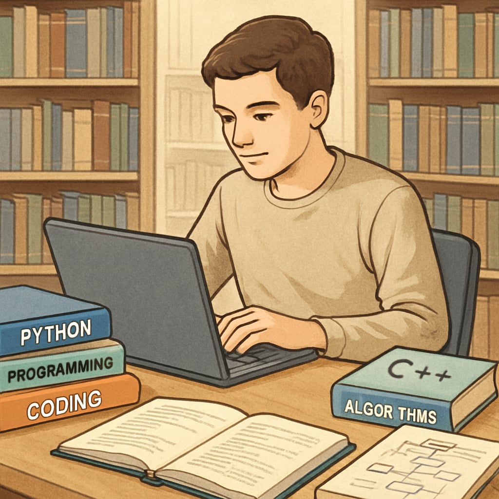A student exploring IT majors and career planning through self-study in a library.