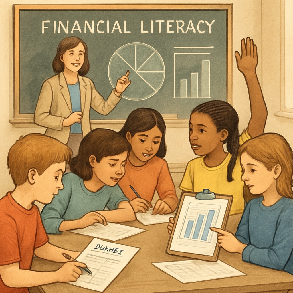 Students in a classroom learning financial literacy and data analysis, preparing for careers in business analysis and finance.
