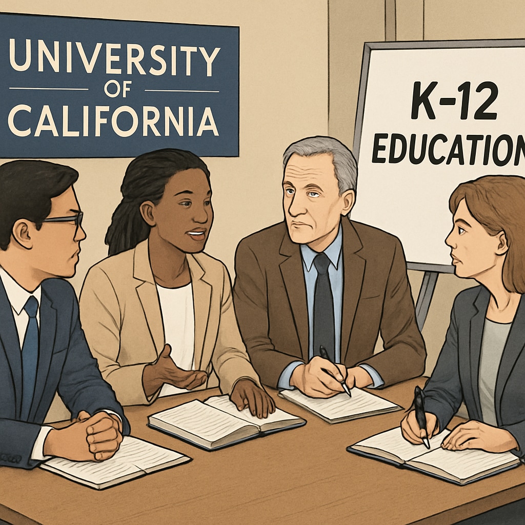 A group of University of California educators discussing K12 education strategies in a professional setting. University of California educators discussing K12 education strategies.