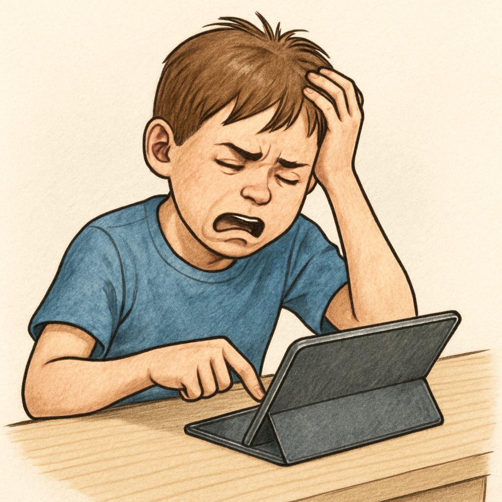 A child struggling emotionally due to excessive tablet use, representing technology addiction.
