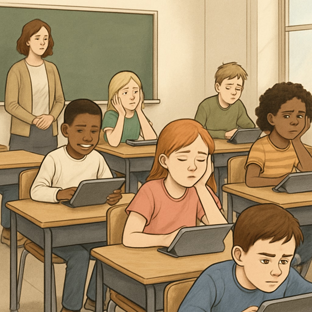 Classroom image highlighting the potential cognitive effects of technology overuse on students.