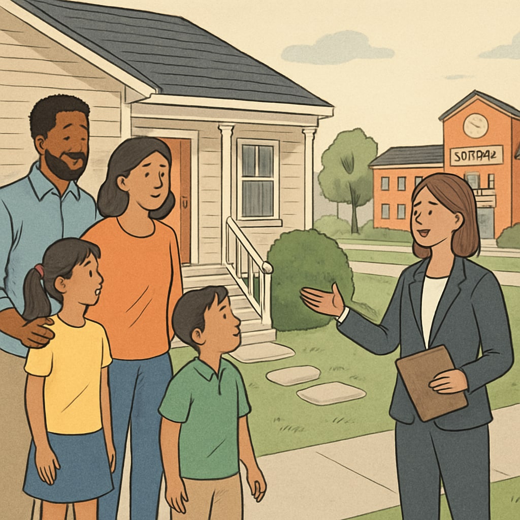 A family touring a house in a school district neighborhood, symbolizing the decision-making process for homebuyers. Family exploring a house in a school district neighborhood for homebuying decisions.