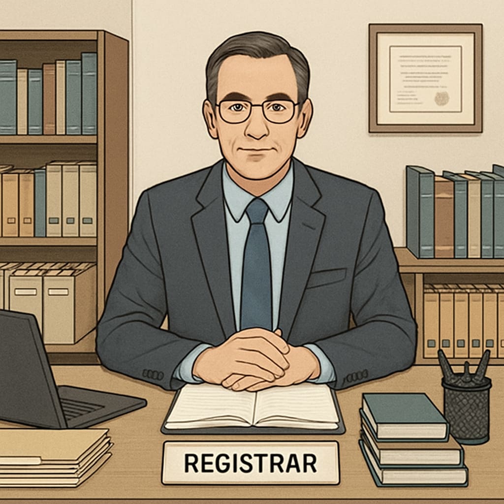 Registrar or admissions officer managing student files, aligned with school schedules.