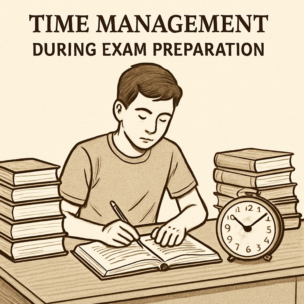 A student sitting at a desk surrounded by textbooks and a clock, visually depicting the concept of time management during exam preparation. Student practicing time management with textbooks and a clock for failed exam preparation.
