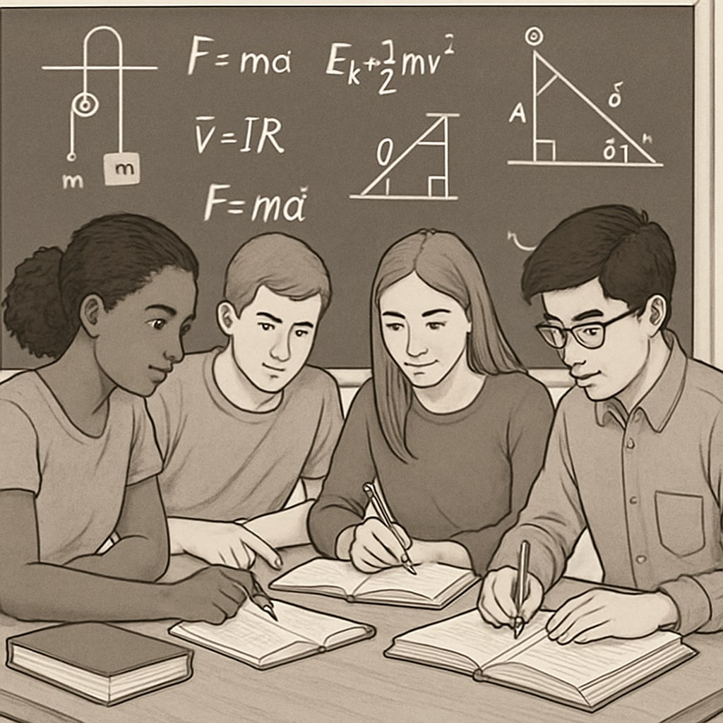 A group of students working collaboratively on physics problems, demonstrating teamwork and peer learning. Students collaborating to clear BSc Physics backlogs in a supportive environment.