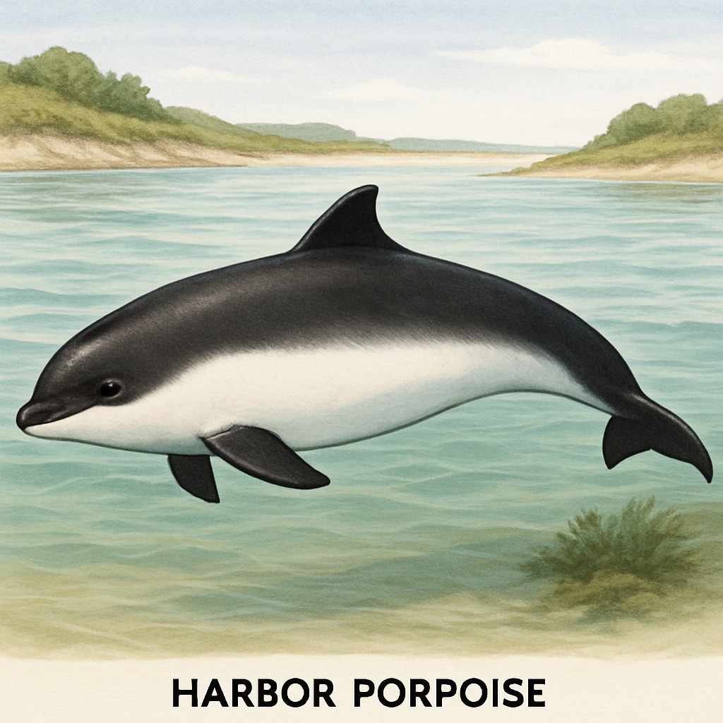 A harbor porpoise swimming in shallow coastal waters, with its distinct dark gray back and white underbelly visible. Image of a harbor porpoise in shallow waters, showing its dark gray back and white underbelly.