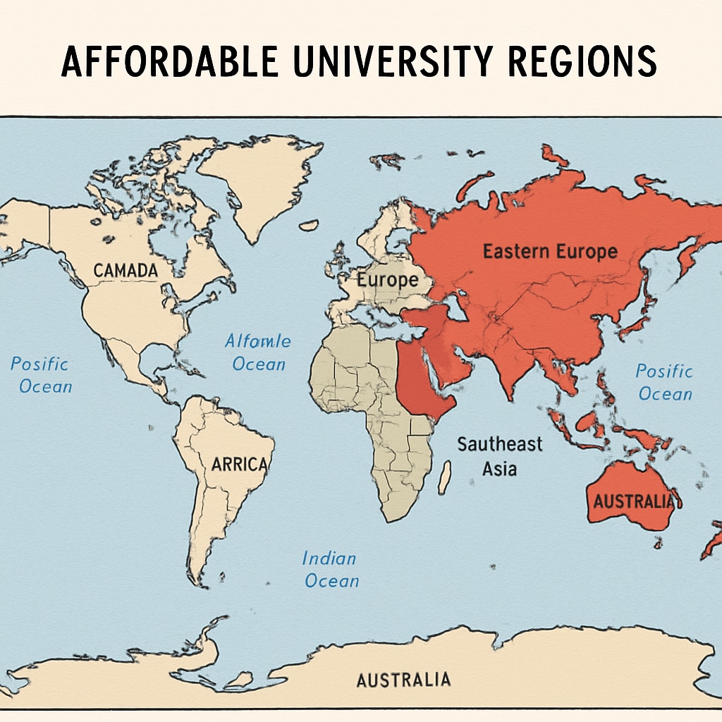 A map highlighting affordable university regions like Southeast Asia and Eastern Europe. Map showing regions with affordable universities for AS-level students.
