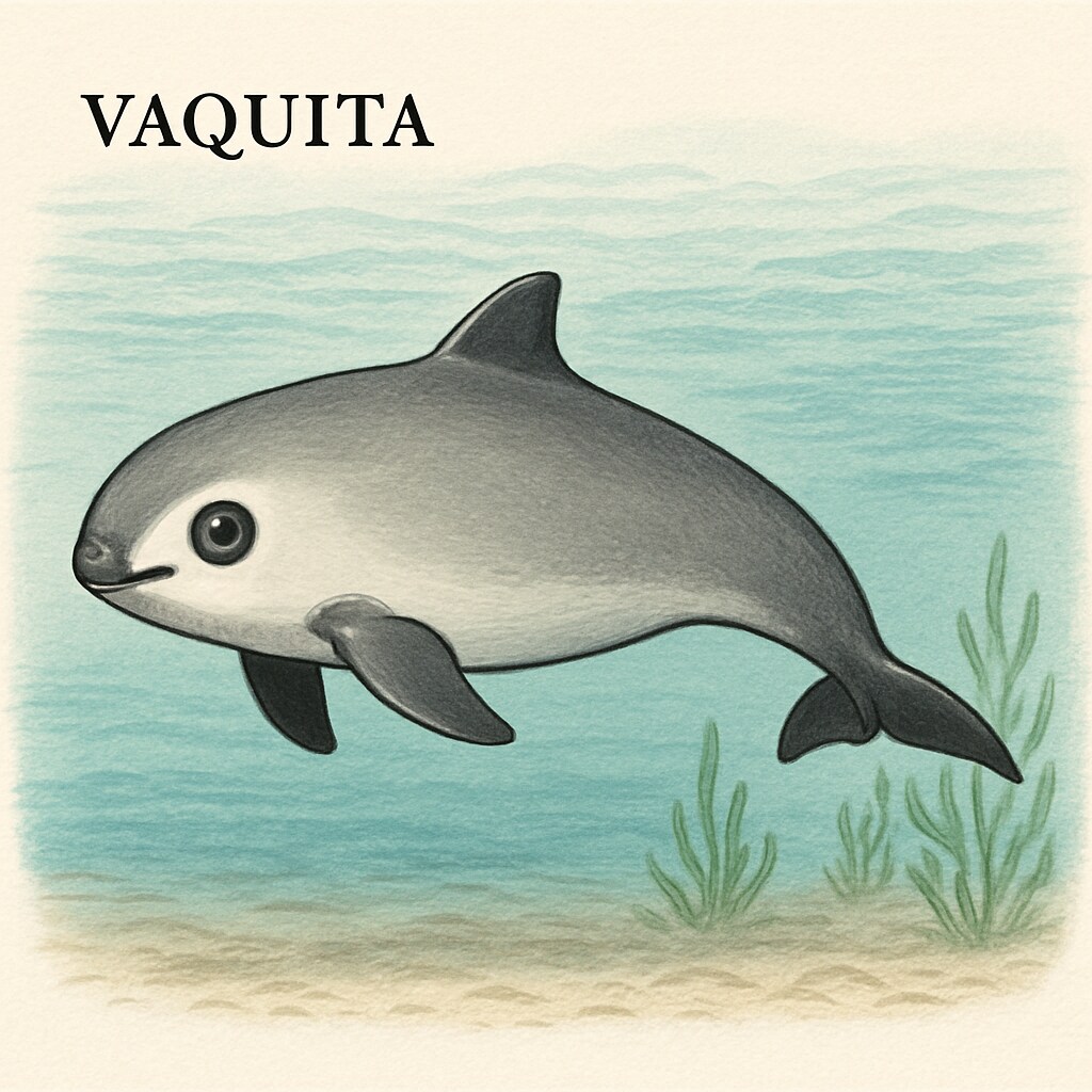 A vaquita in its natural habitat, showcasing its small size and characteristic dark rings around its eyes. Rare vaquita swimming in the Gulf of California, highlighting its unique dark eye rings.