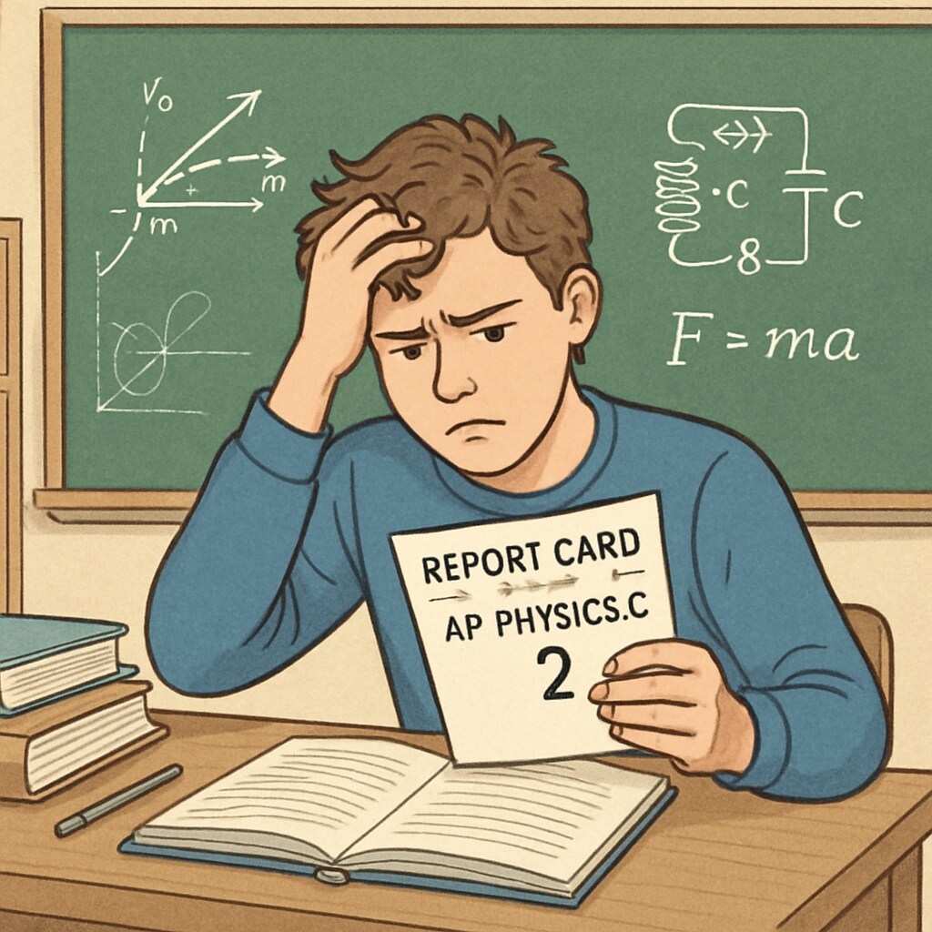 A student reviewing their AP Physics C exam results, visibly frustrated while holding a report card. A frustrated AP Physics C student reviewing their exam results.