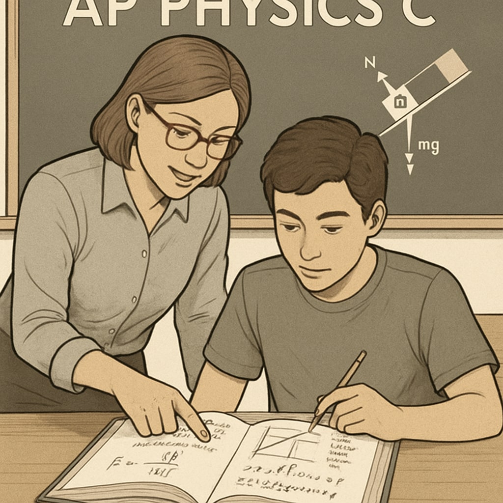 A teacher helping a student understand AP Physics C material, with a textbook open on the table. A teacher assisting an AP Physics C student with exam preparation.