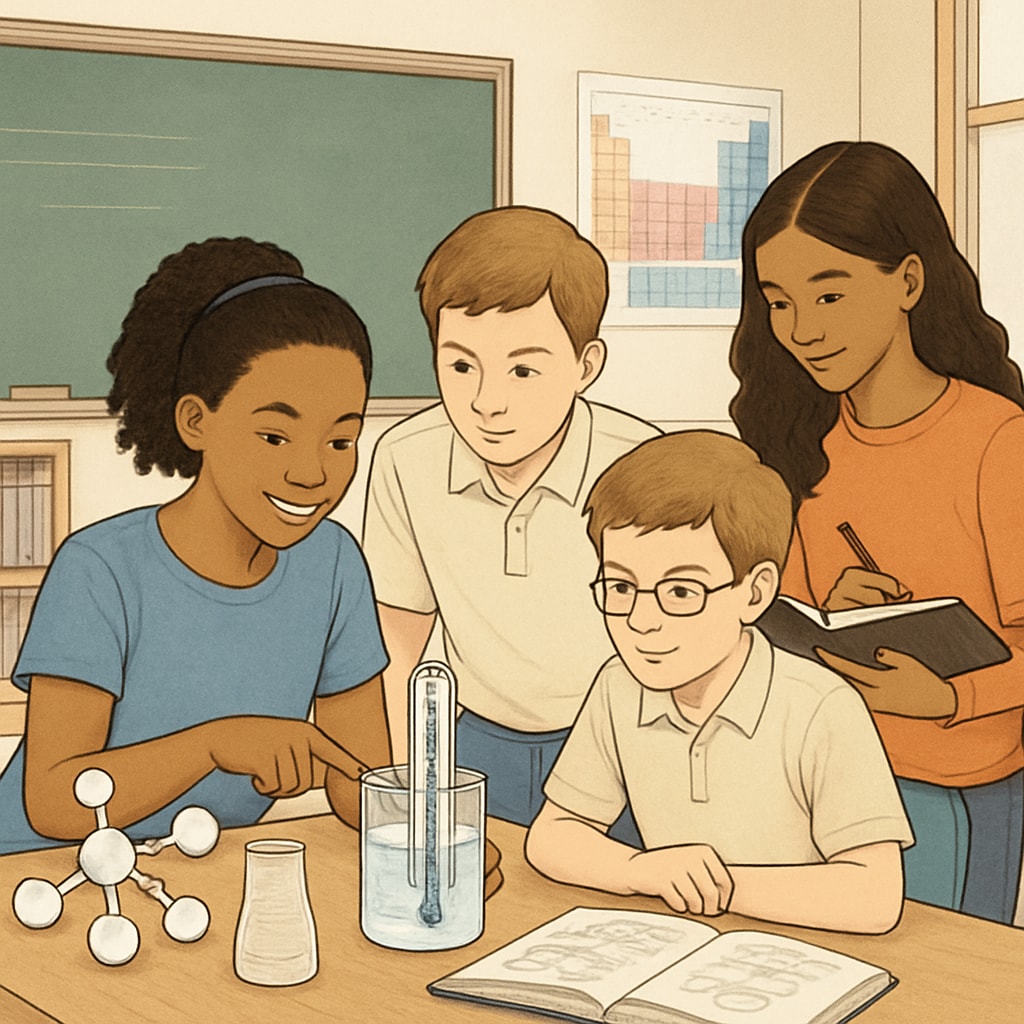A group of diverse students collaborating on a science project in a classroom. The image illustrates inclusivity and teamwork. Diverse students working together on a science project in a successful K12 school.
