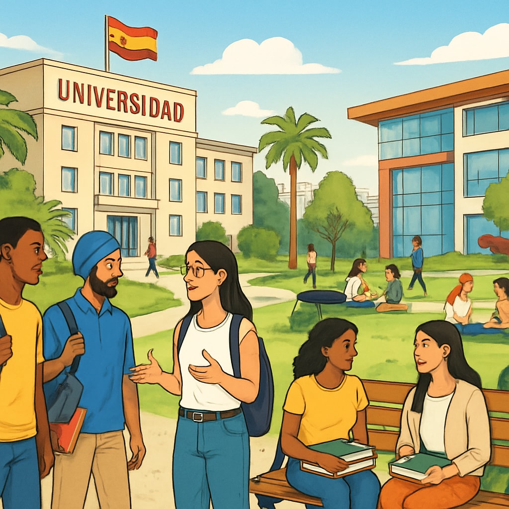 A bustling university campus in Spain with students from diverse backgrounds engaging in discussions. International students on a Spanish university campus engaging in academic discussions.