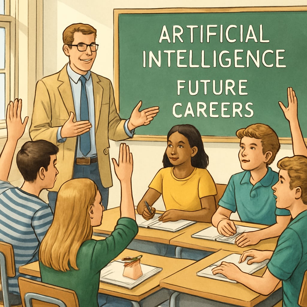 A classroom of high school students engaged in a discussion about artificial intelligence and its implications for future careers. High school classroom discussing AI and career prospects.