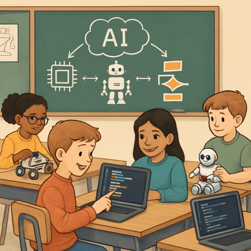 A K12 classroom teaching students about AI concepts, using interactive tools like robotics and programming. K12 classroom teaching AI concepts with interactive tools.