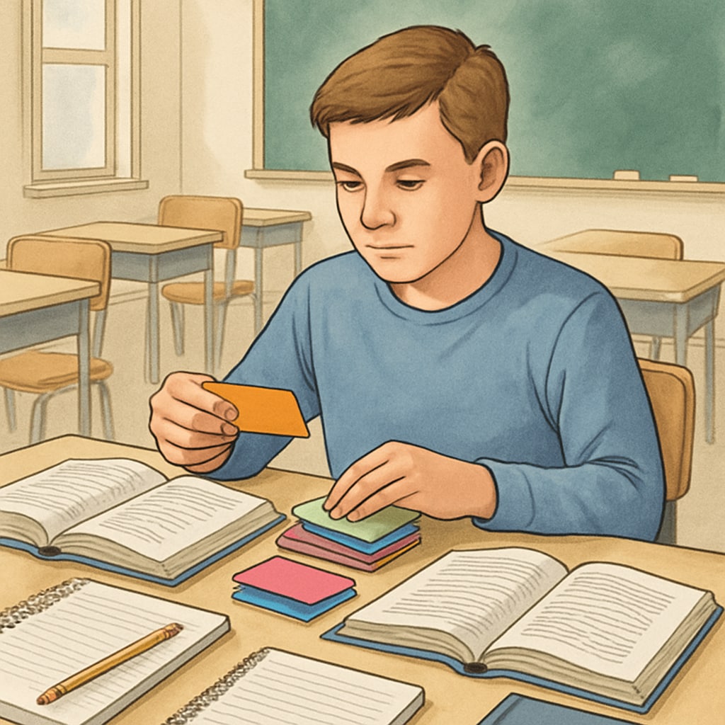 Student practicing with flashcards for memory retrieval.