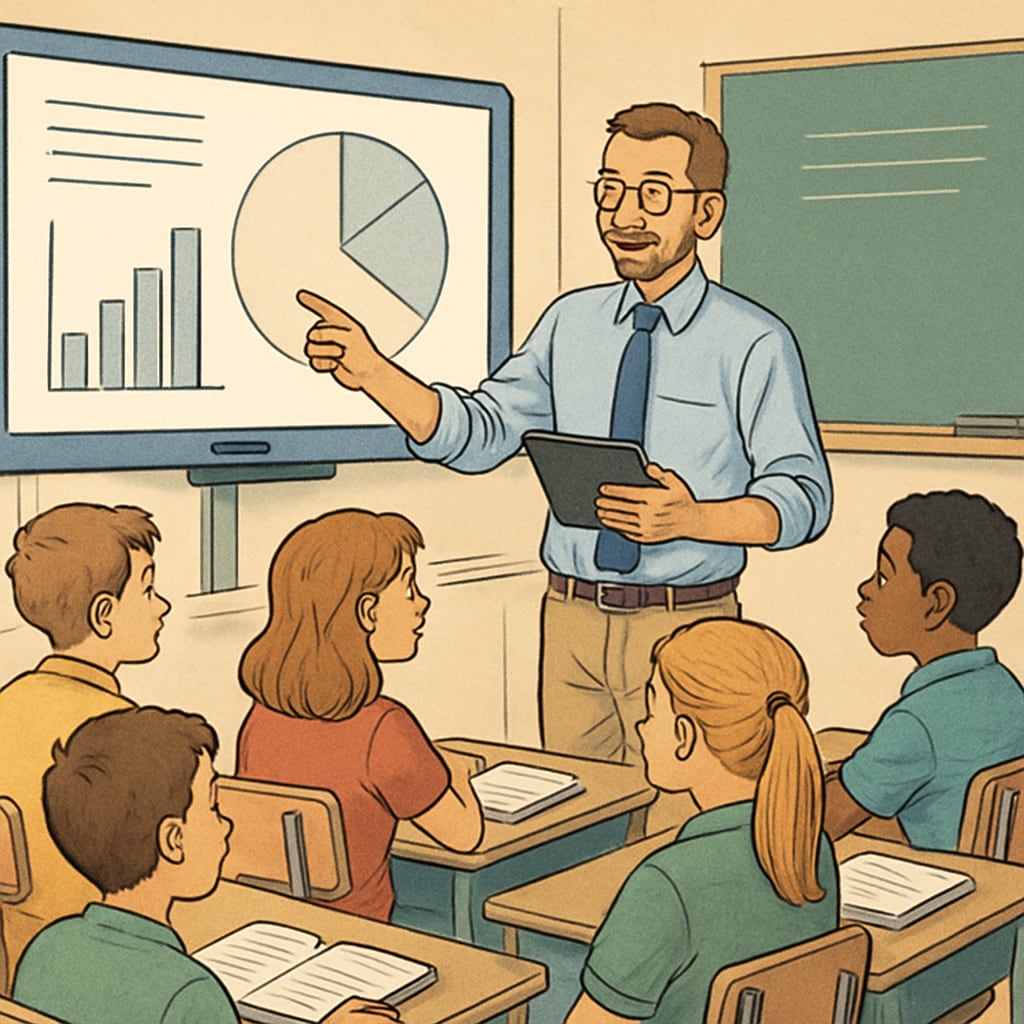 An engaging teacher using interactive tools to explain a concept to a classroom of attentive students. The image highlights high-quality teaching practices. A teacher using interactive tools to engage students in a K12 classroom.