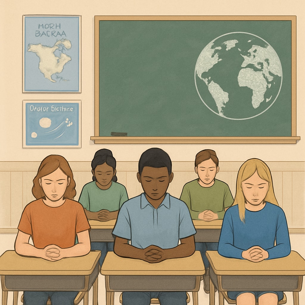 A classroom with students observing a moment of silence, representing global mourning. Students in a classroom observing a moment of silence for global war victims.