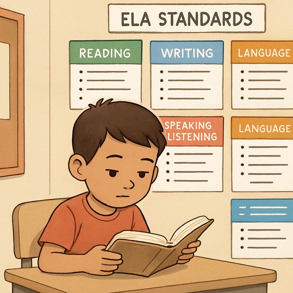 Elementary student reading with ELA standards displayed on classroom charts