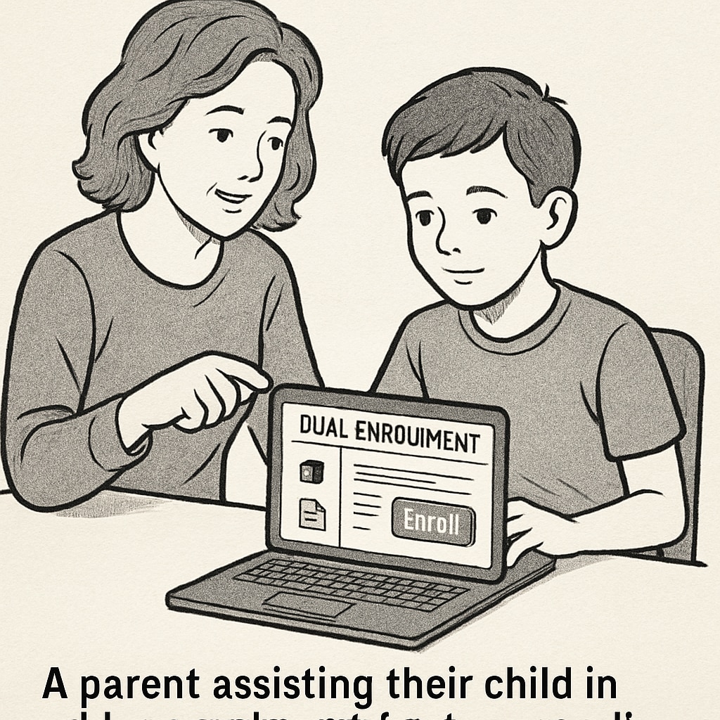 Parent guiding a child through an online educational platform for dual enrollment in Khan World School and ASU.