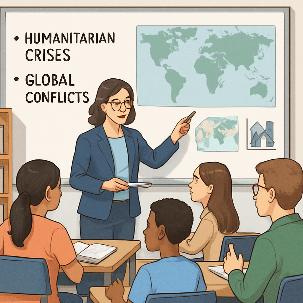 A teacher leading a classroom discussion on humanitarian crises and global conflicts. A teacher guiding students in discussing humanitarian crises and conflicts.