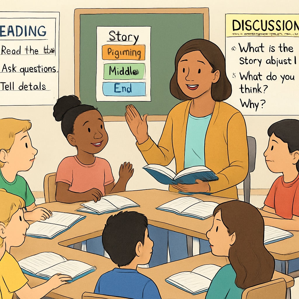 Teacher leading a reading discussion with elementary students