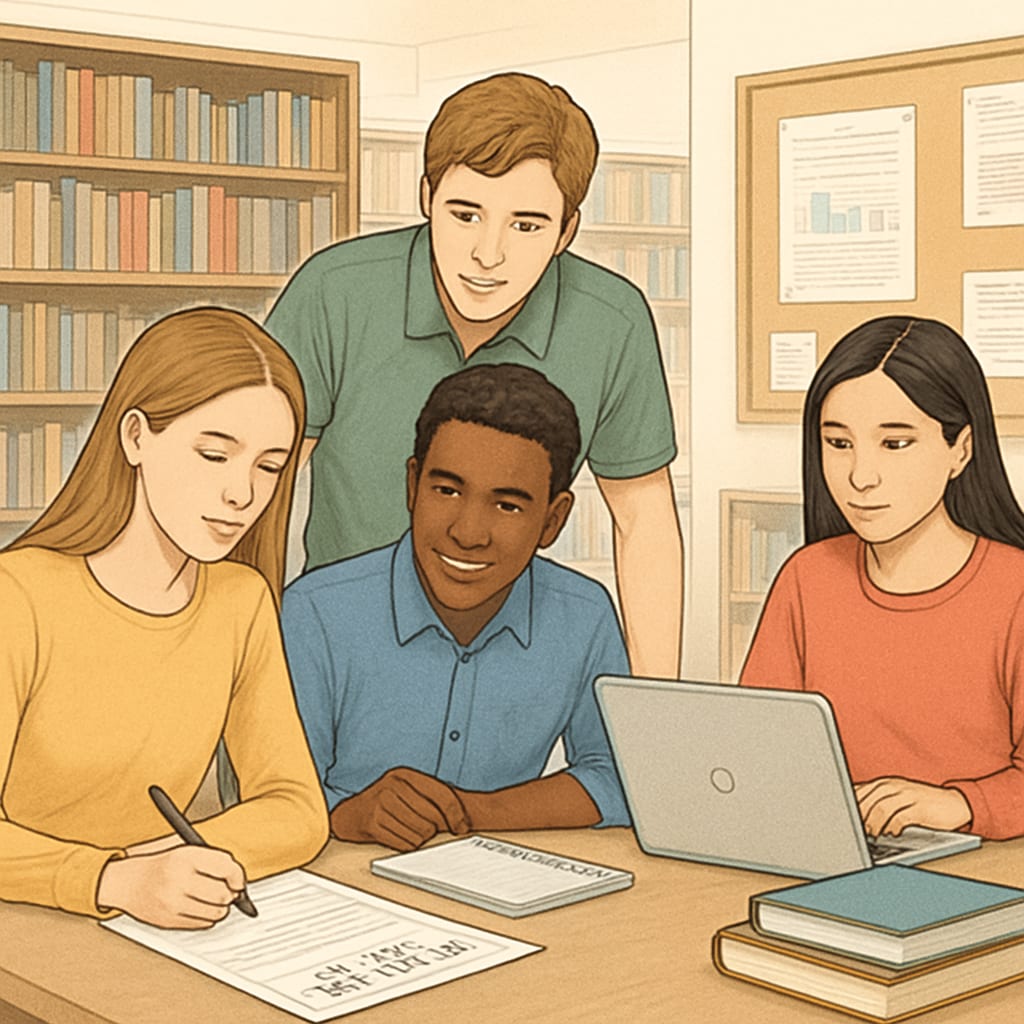A group of high school students working on college applications at a library, symbolizing the collaborative effort required. Students working on college applications in a library