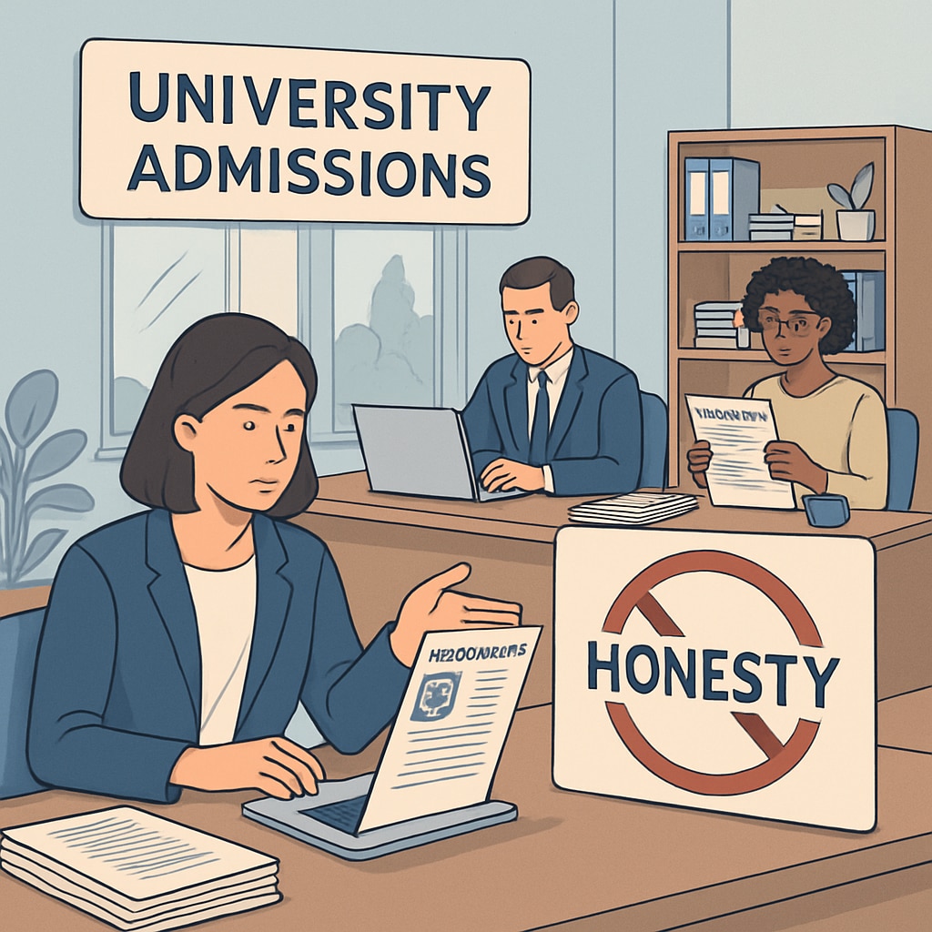 A university admissions office reviewing student applications, emphasizing the importance of honesty. A university admissions officer reviews applications, highlighting honesty in the process.