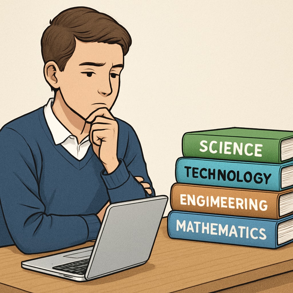 High school student considering STEM career options with books and laptop.
