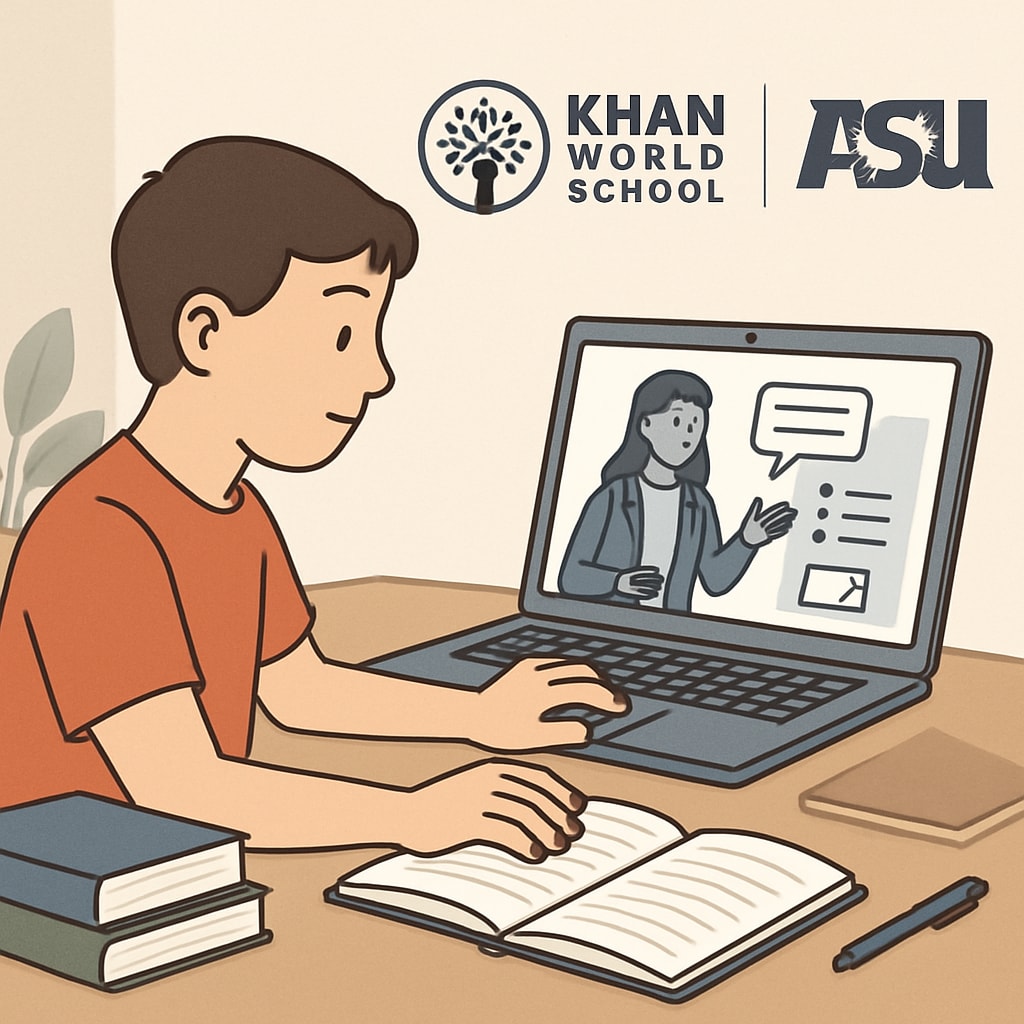 Student participating in Khan World School and ASU's online dual-credit program.