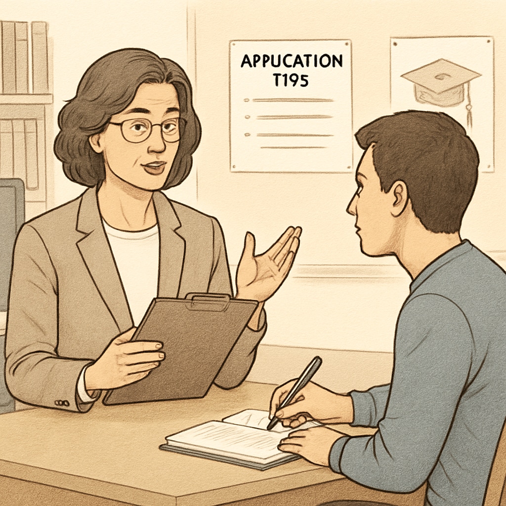 A college counselor discussing application tips with a student, emphasizing the importance of guidance during the application process. College counselor assisting a student with application strategies