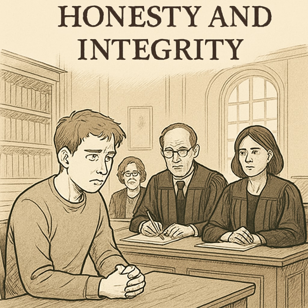 A student nervously attending a disciplinary hearing at a university, highlighting the risks of dishonesty. A student facing disciplinary action, illustrating the consequences of dishonesty in applications.