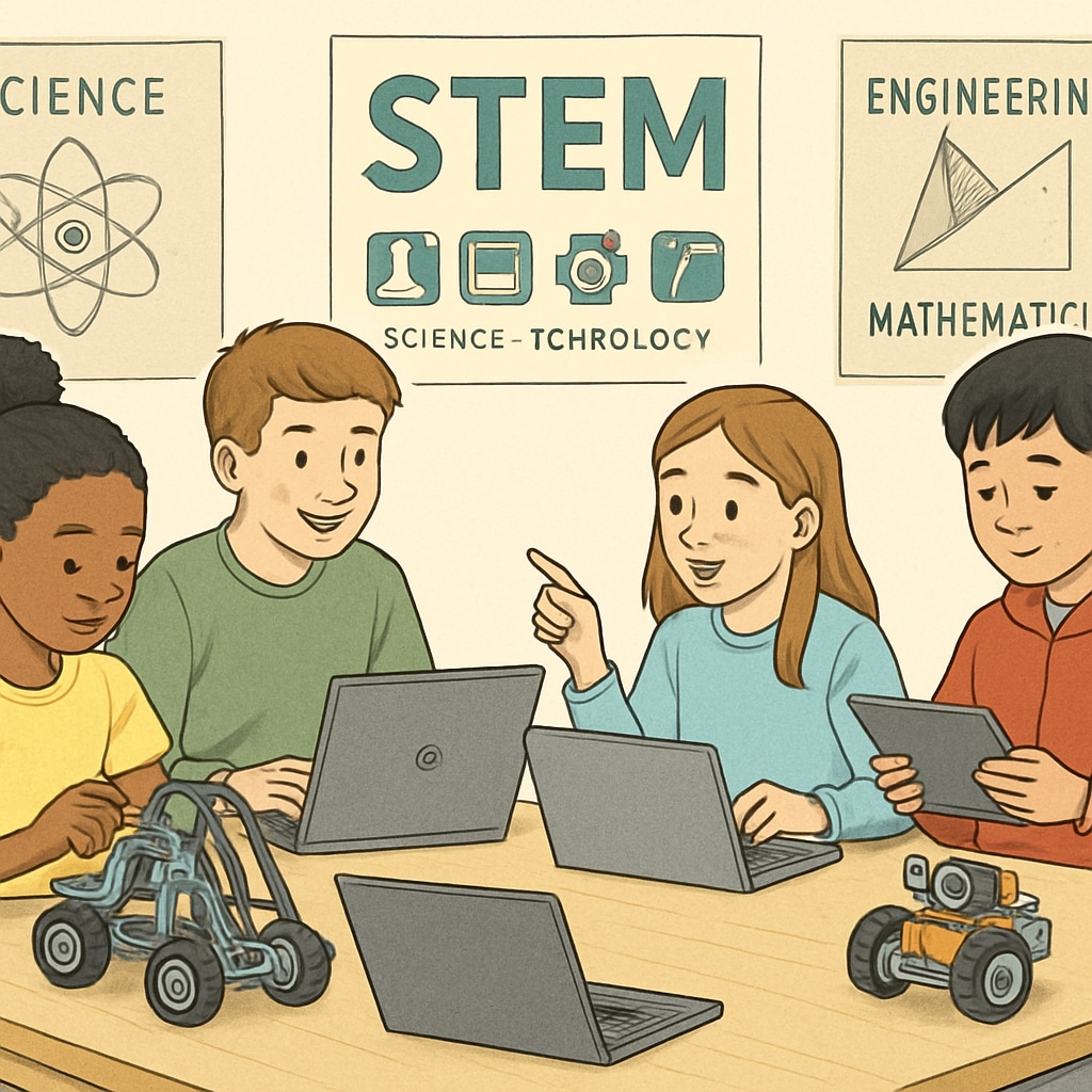 Students learning STEM concepts through robotics and coding in a workshop.