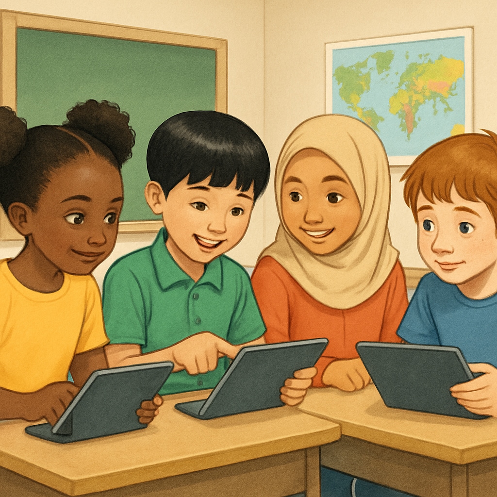 Children using a multilingual, interactive learning app.