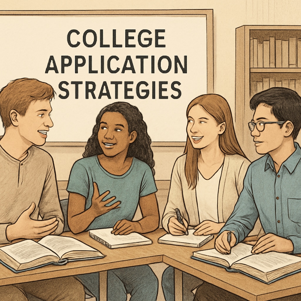 A group of high school students discussing college application strategies in a classroom setting. High school students planning their university applications together.