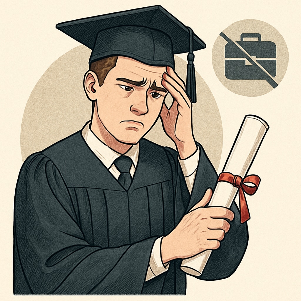 A graduate holding a diploma with a frustrated expression, symbolizing the struggle to find employment despite academic success. A frustrated graduate holding a diploma, struggling to find employment.