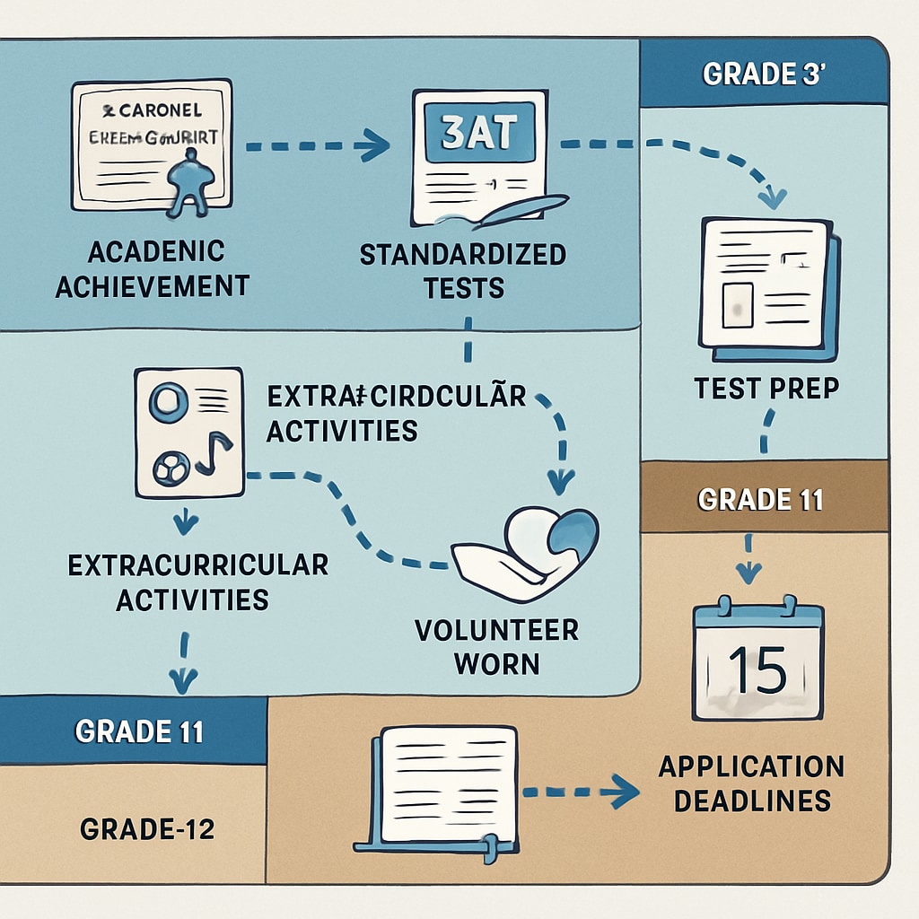 A detailed roadmap or timeline illustrating a high school student’s academic and extracurricular planning for university applications. Timeline for university application planning by a high school student.