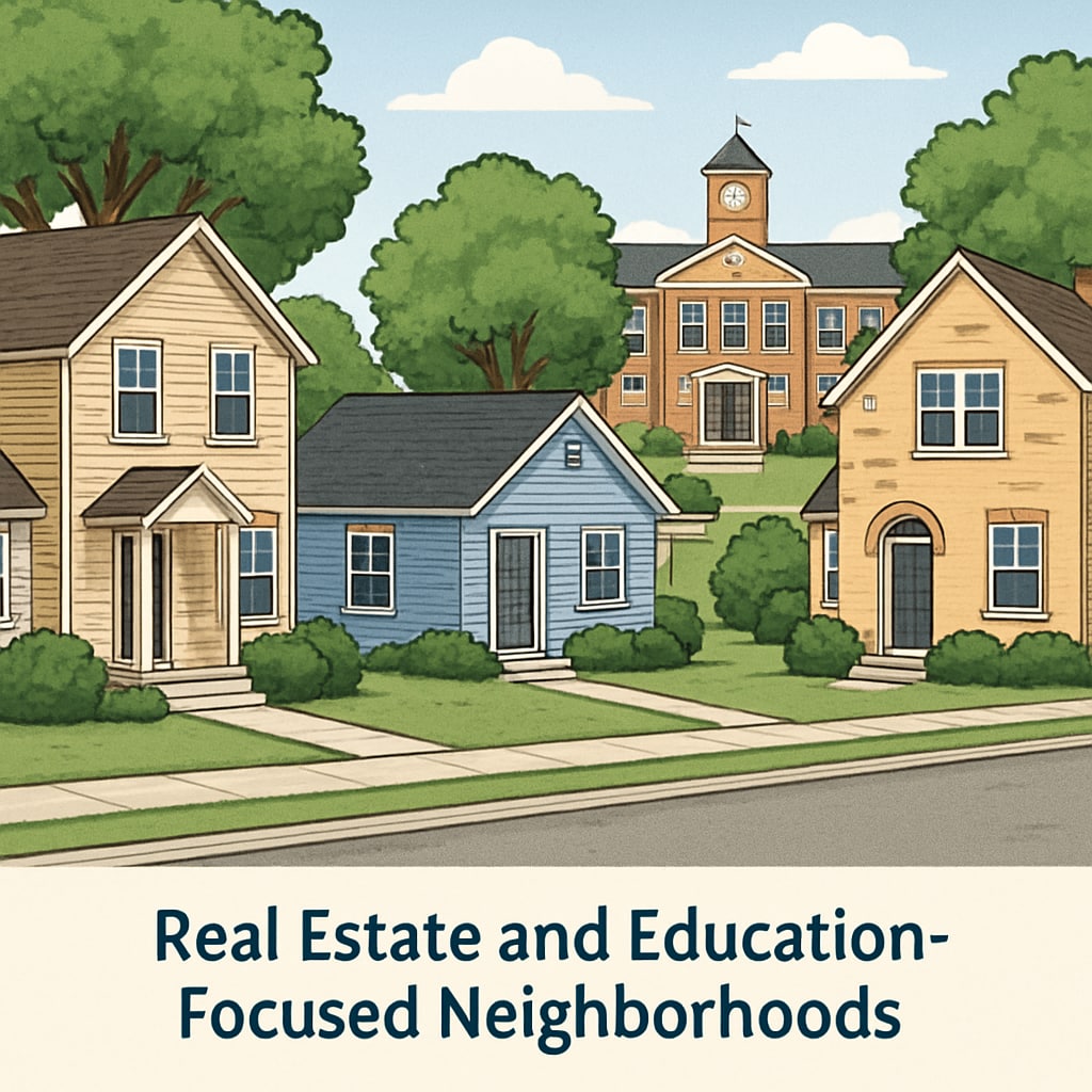 Suburban neighborhood with houses near a top-ranked school, highlighting the link between school district rankings and property values.