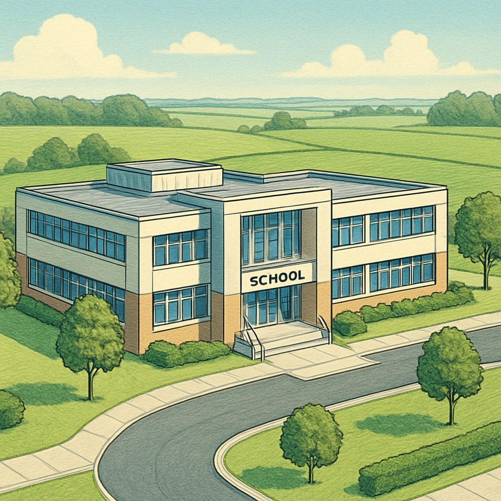 Modern school building surrounded by green fields, demonstrating the impact of school quality on community dynamics.