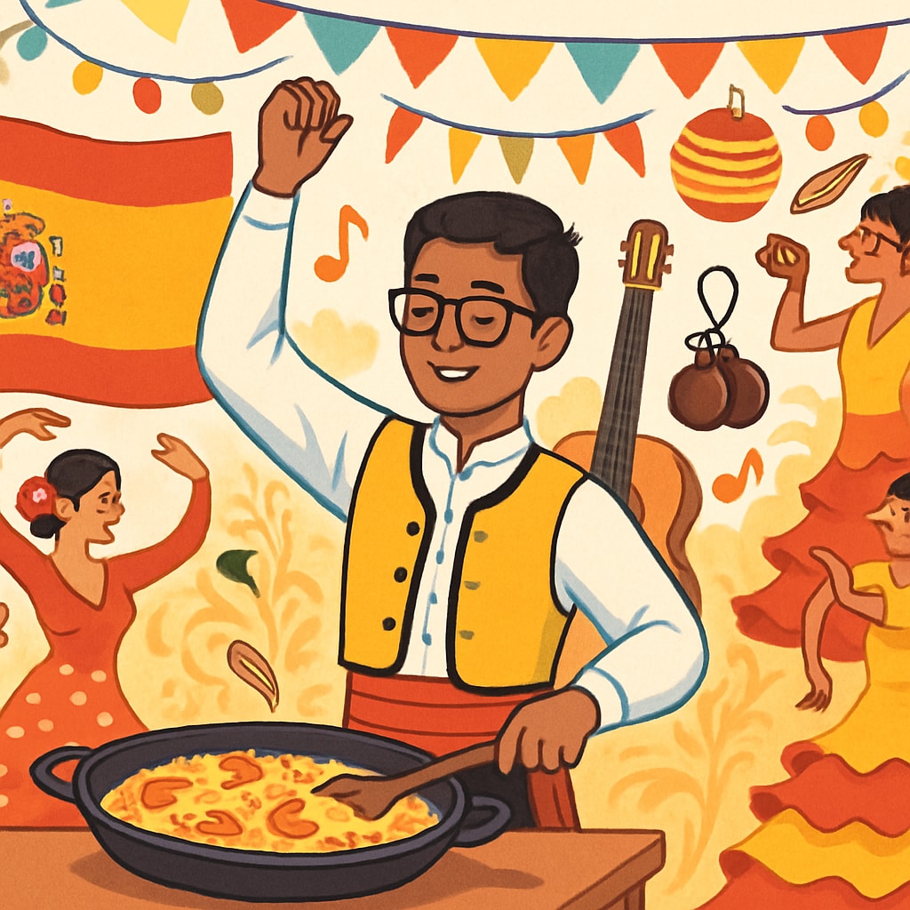 International student at a Spanish festival, highlighting cultural adaptation.
